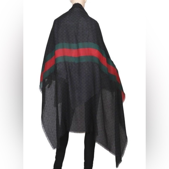 NEW GUCCI BLACK GRAY GG LARGE WEB LOGO OVERSIZE LANA WOOL SHAWL WRAP SCARF - Picture 2 of 6